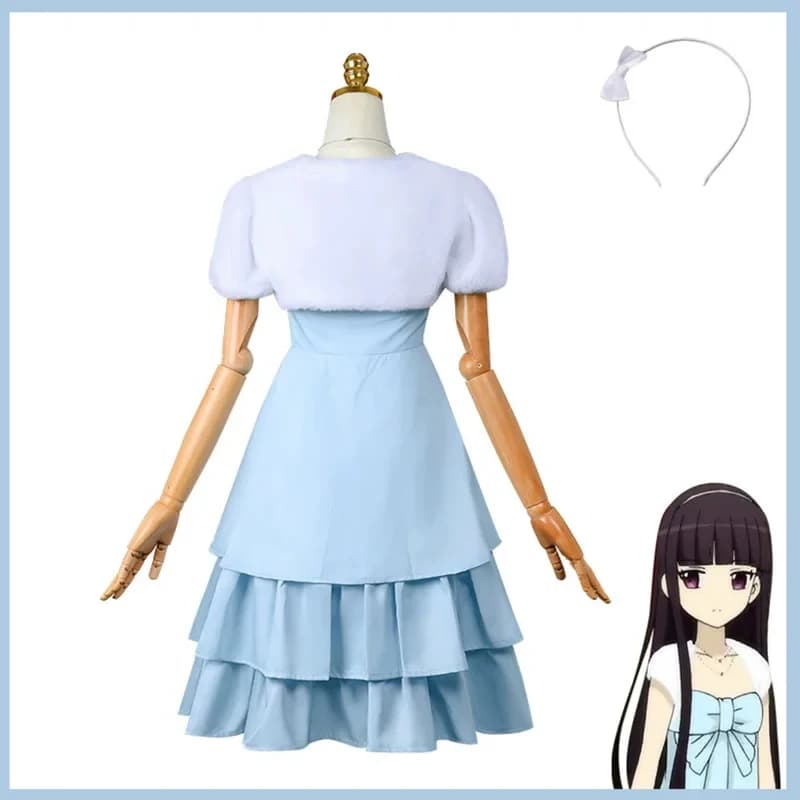 5;e,8\v,5/Anime Inu X Boku SS Shirakiin Riricho Cosplay Costum Blue Evening Dress Coat Uniform Wig Woman Sexy Carnivf,5'h\8/m'