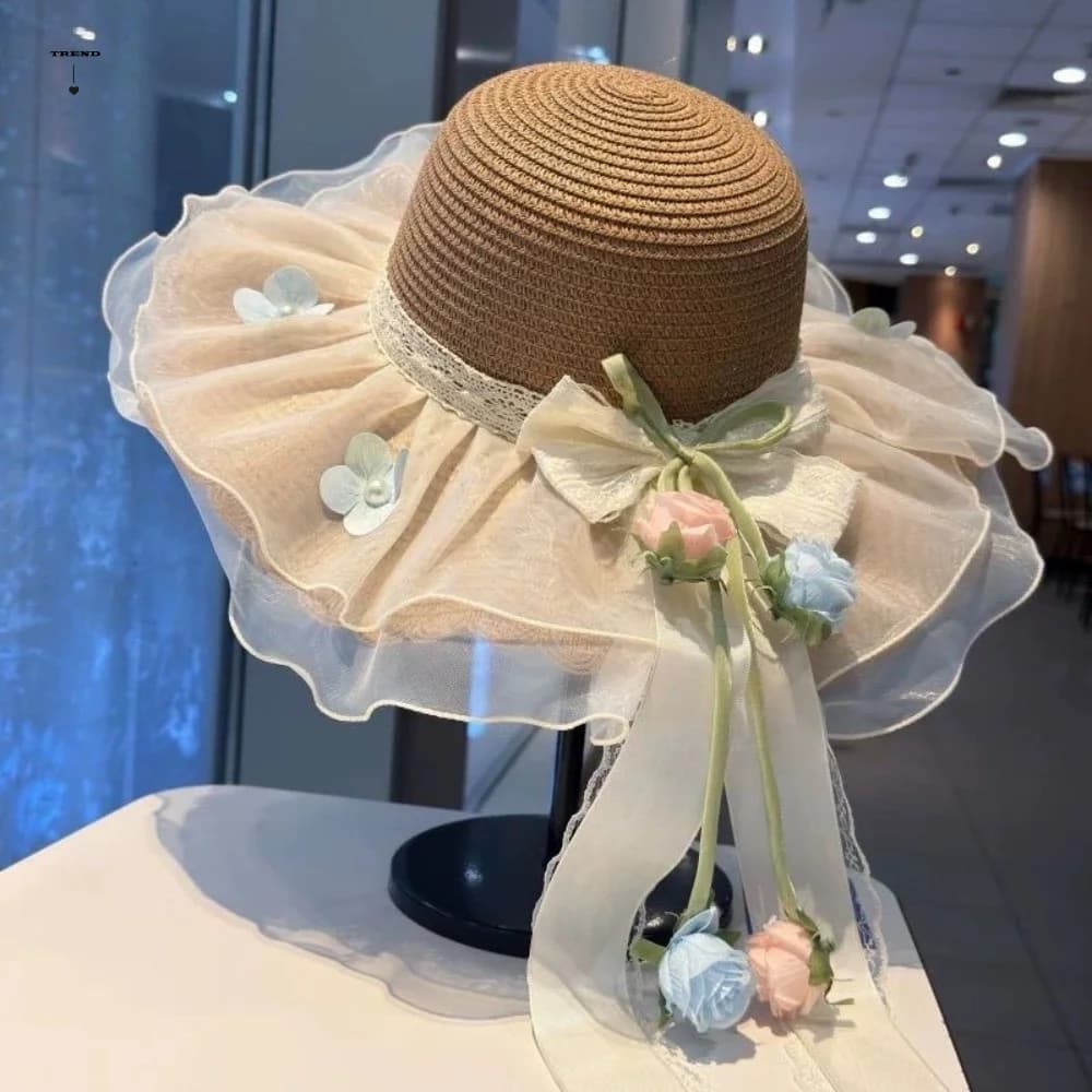 Elegant Rose Ruffle Edge Straw Hat Breathable Mesh Lace Ribbon Woven Sun Cap UV Protection Lightweight Design