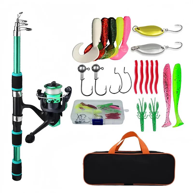 Set di canne da pesca Kit completi con canna da pesca telescopica e mulinello da spinning Esche Ganci Set di canne da viaggio Esca, gancio, set di attrezzatura