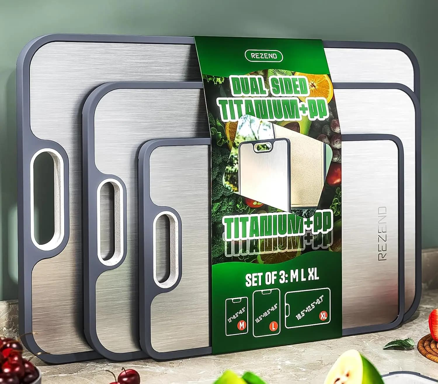 Titanium Cutting Board Set of 3, Dual Sided Non Toxic Kitchen Chopping Boards, Extra Large M/L/XL, Knife Friendly with Juice Groove