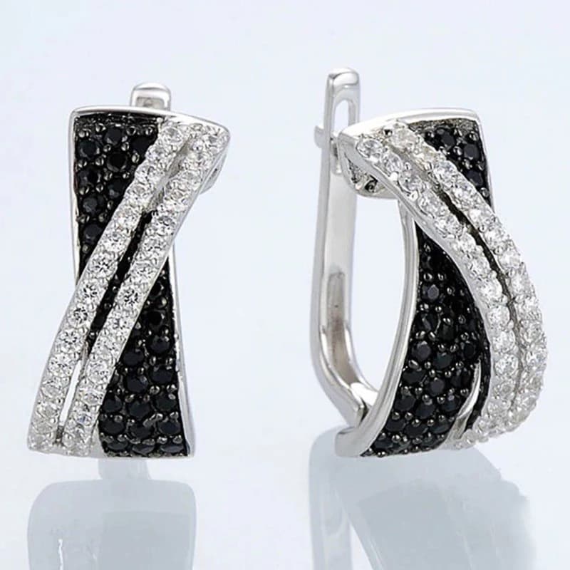Huitan Black/White Cross Earrings for Women New Trendy Hoop Earrings Silver Color Modern Fashion Female Accessories CZ Jewelry