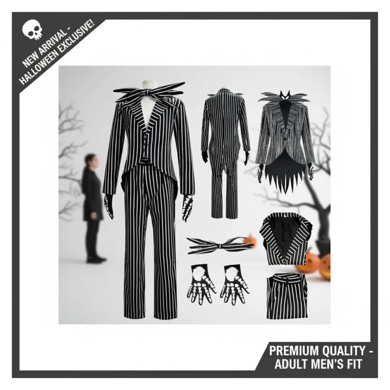▓2026Men's Jack Skellington Cosplay Costume Set with Jacket Pants for Halloween Party Disguise▓#！1