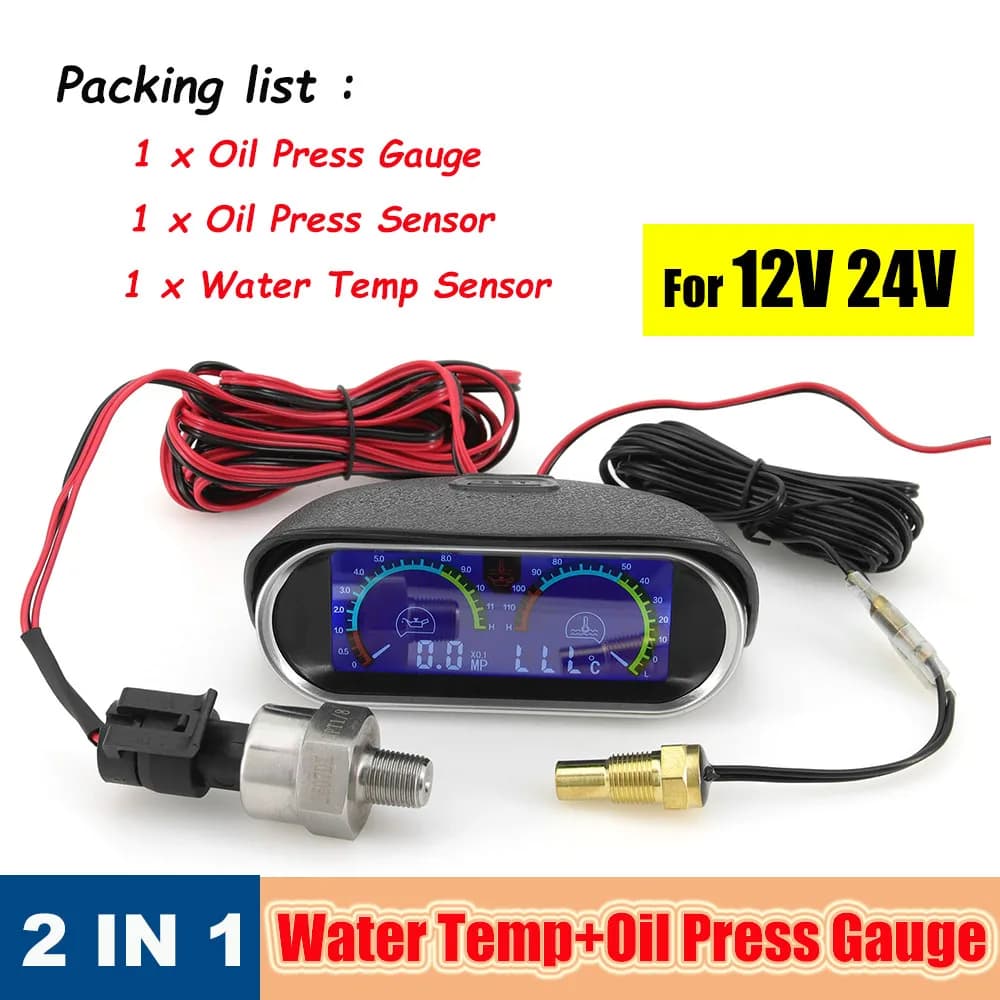 Misuratore di temperatura dell'acqua digitale con manometro LCD per auto 2 in 1 + pressione dell'olio con sensore di temperatura 1/8 NPT per camion moto 12V 24V