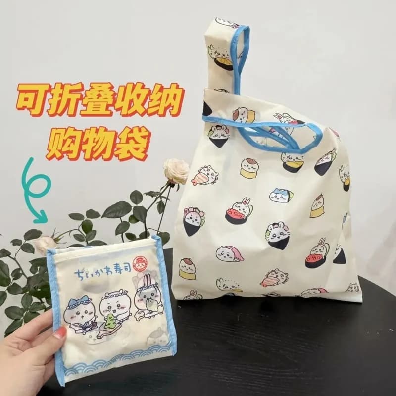 Chiikawa Sushi Co-branded Foldable Shopping Bag Cute Anime Character Full Print Nylon Reusable Tote Portable Handbag For Grocery