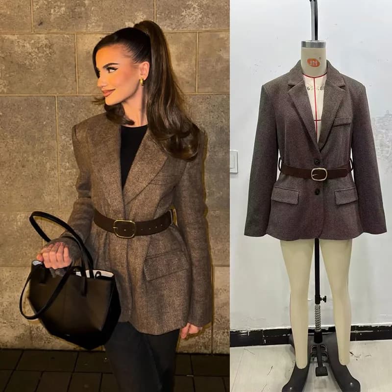 Blazer da Donna Marrone Streetwear 2026 con Cintura e Tasche, Cappotto Aderente da Donna per il Pendolarismo, Giacca con Texture a Spina di Pesce Ispessita