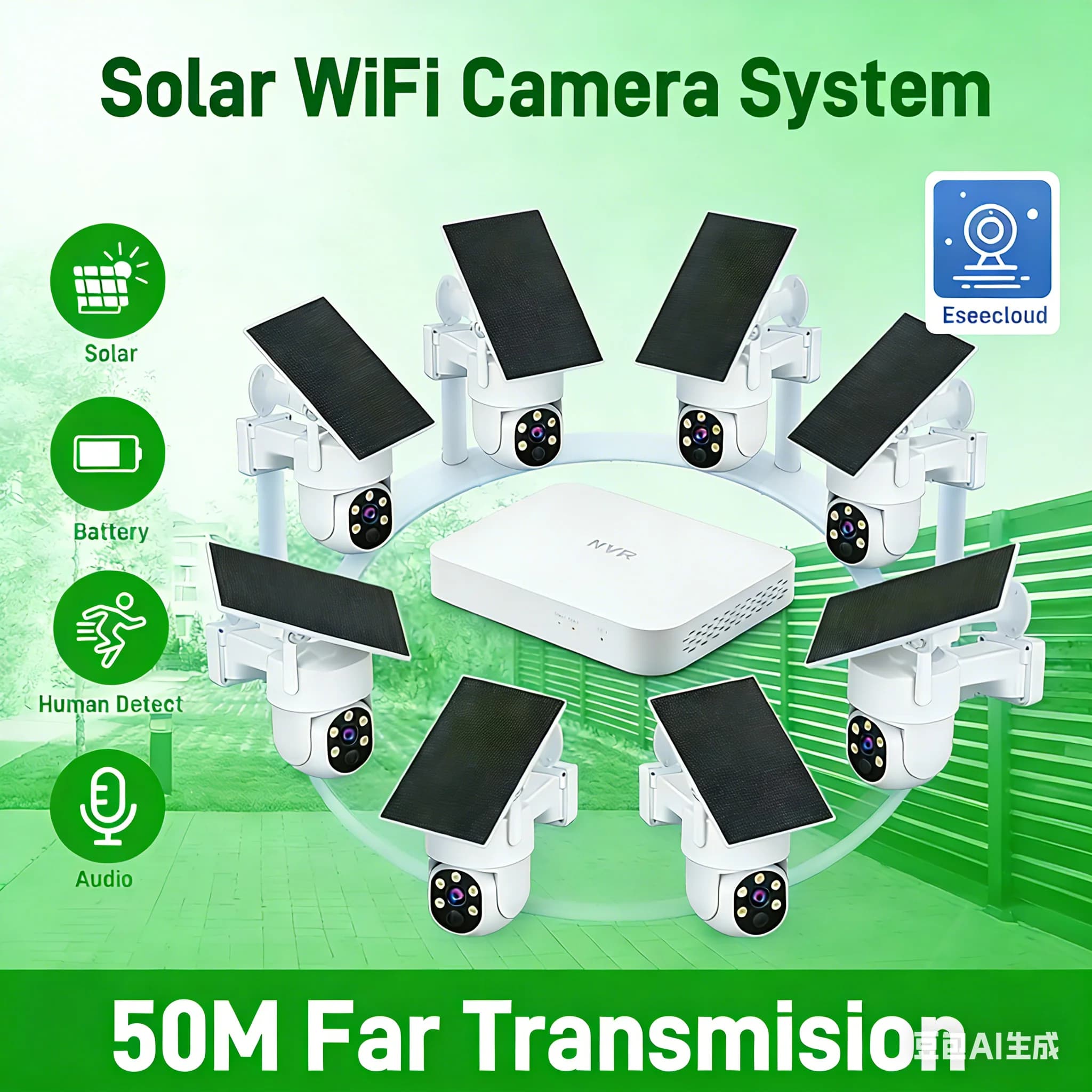 NVR Kit with Solar Wireless WiFi Camera, External Security System 2K 4MP 8CH, NVR Kit with Long Life Battery