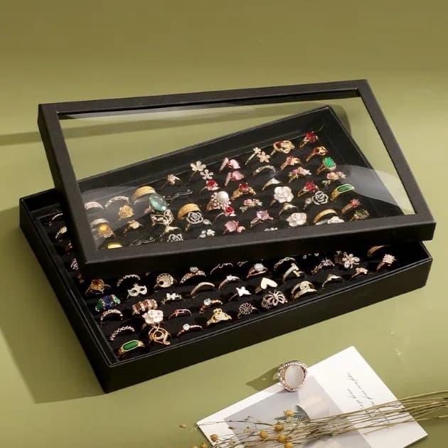 1pc Black 100-Grid Jewelry Storage Box with Clear Dustproof Lid, hangable commercial organizer for earrings and necklaces