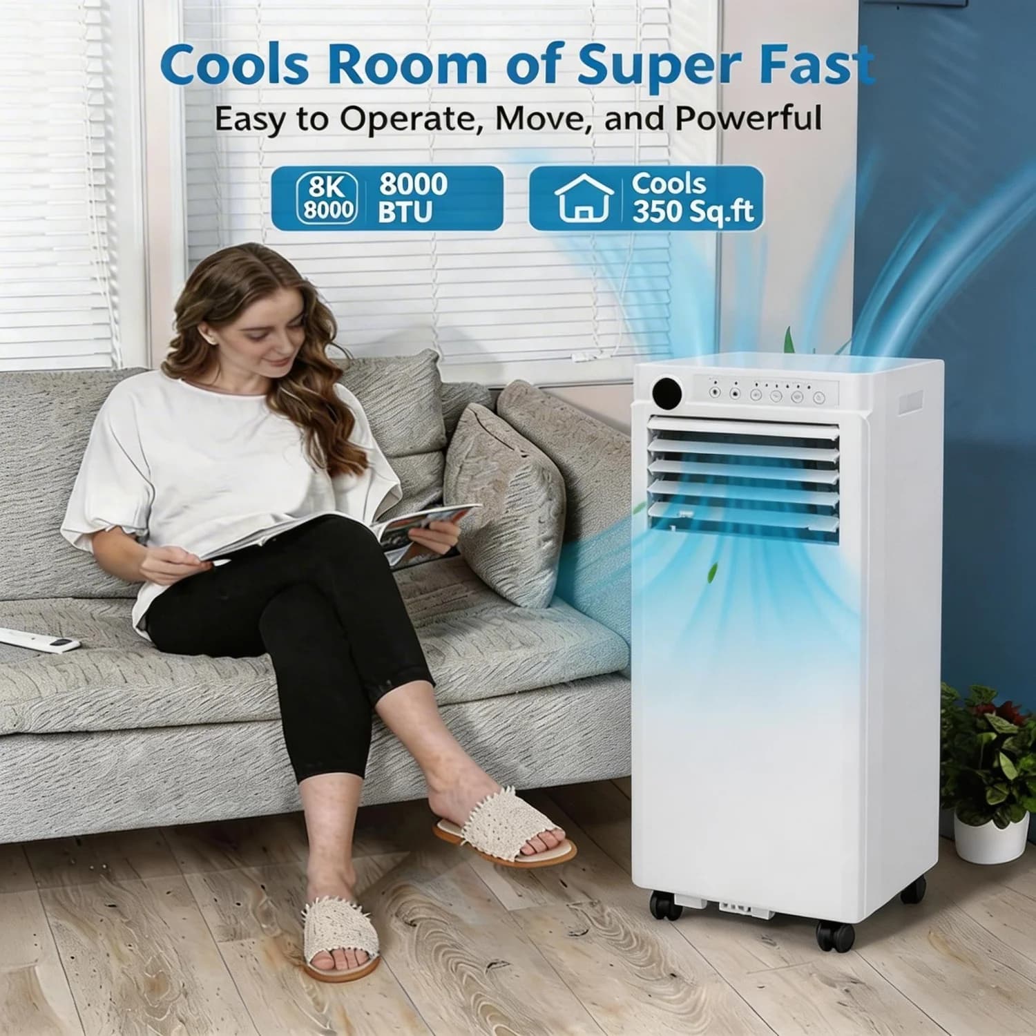 Condizionatore d'aria portatile da 8000 BTU, climatizzatore da pavimento 3-in-1 con funzione di raffreddamento, deumidificatore e ventilatore, telecomando, display LED, timer 24 ore e kit di installazione, copre ambienti fino a 350 piedi quadrati. Per camera da letto, ufficio, dormitorio