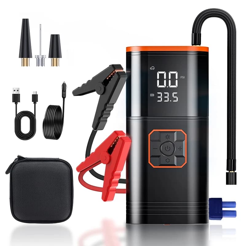 Avviatore di emergenza per auto con gonfiatore per pneumatici portatile 4 in1 con pompa d'aria 12V 8000 MAh LED luce emergenza batteria per auto avviamento di emergenza Accumulatori e caricabatterie di riserva