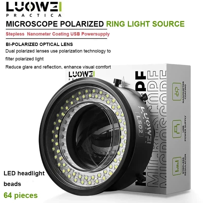 Luowei LW-LS02 64 Perline LED Calibro 61mm Microscopio Anello Polarizzato Sorgente Luminosa Antiriflesso LED Microscopio Anello Lampada