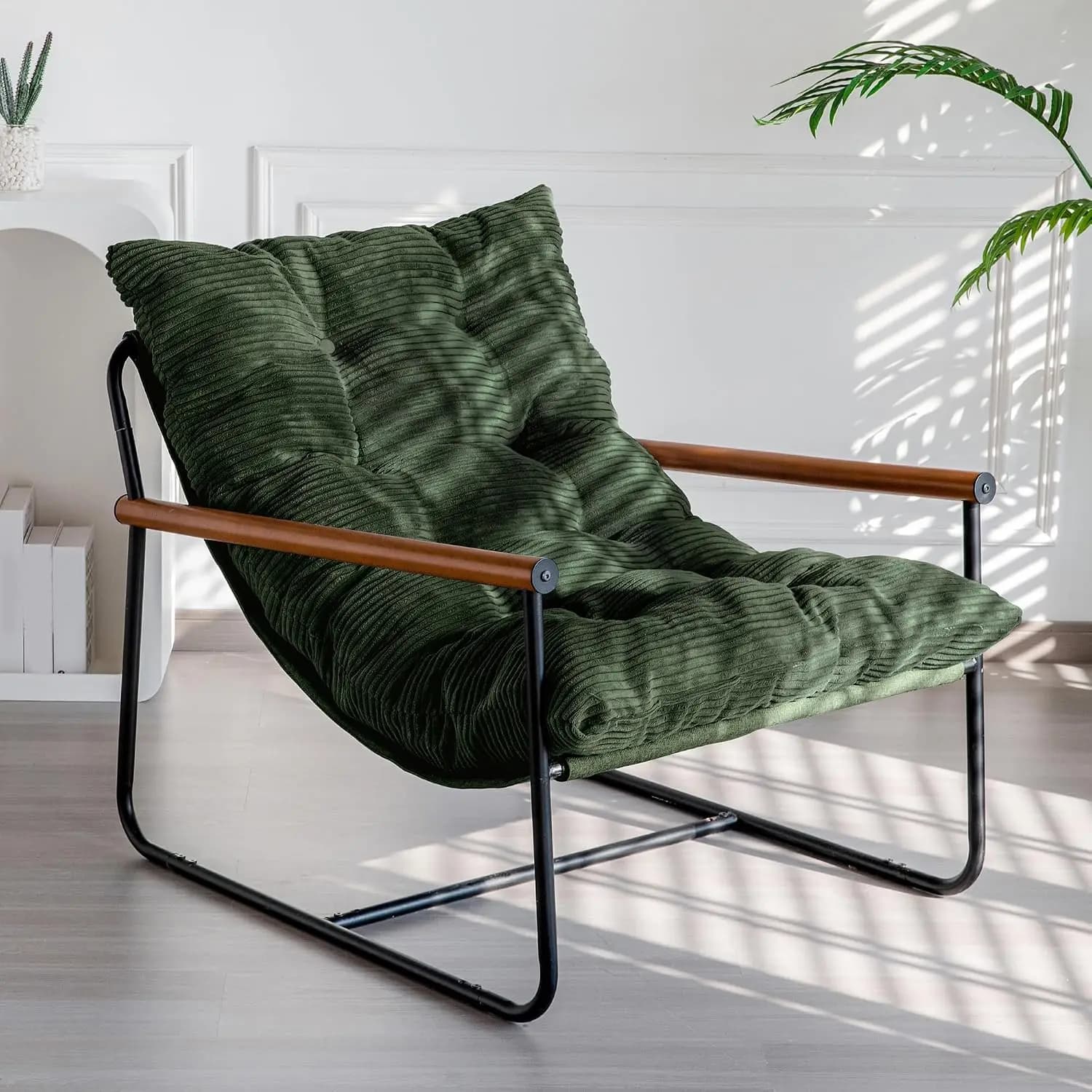 Modern Accent Chair Comfy Living Room Chair With Metal Frame Wooden Armrest Upholstered Armchair With Soft Cushion For Bedroom Balcony Lounge Reading Room Dark Green