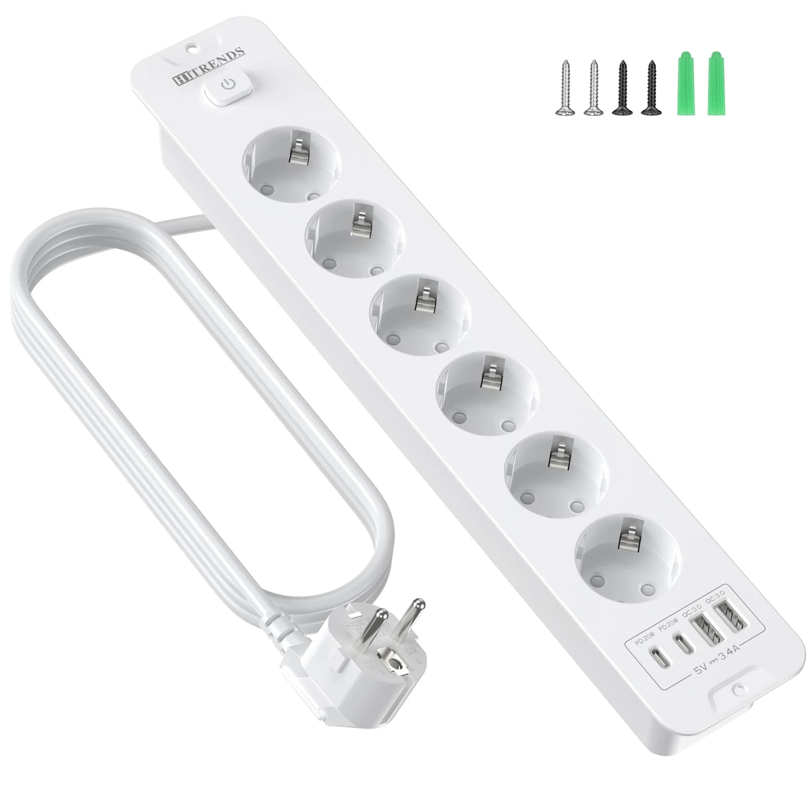 European 6-way plugs Multi-table socket built-in with 2 m cable, multiple electrical socket Fast USB charge for home