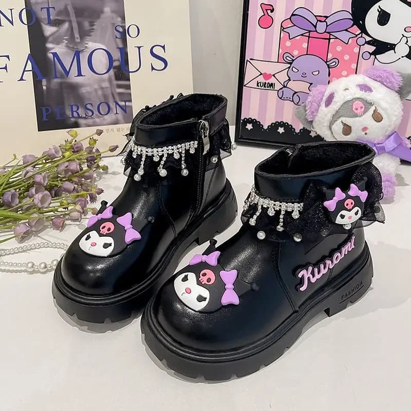 Sanrio Kid Princess Shoes Cute Kuromi Leather boots for girls with soft non-slip sole Autumn Winter New Kids Short Boots Cotton Shoes