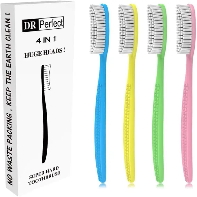 Extra hard toothbrush with large and long head to whiten teeth, 4 pack for adults
