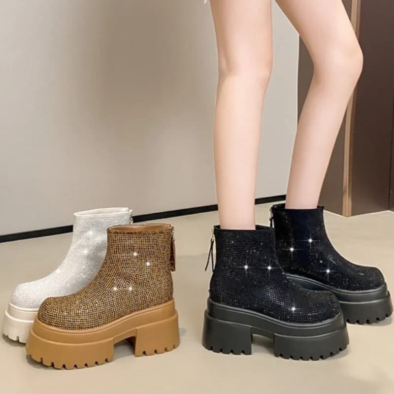 Fashion Versatile Water Diamond Thick Soled Casual Mid Calf Women's Boots 2026 New Round Tow Back Zipper Comfort Women Boots