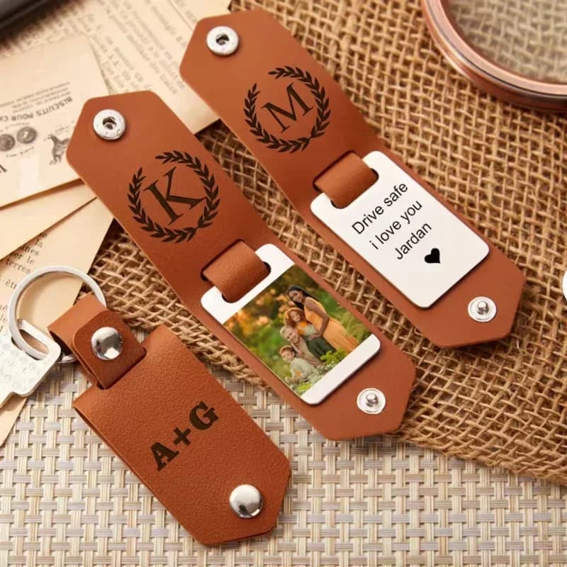 Metal Keyring with Leather Photo with Custom UV Printing Laser Engraved Name Keyring with Text Keyring with Custom Photo