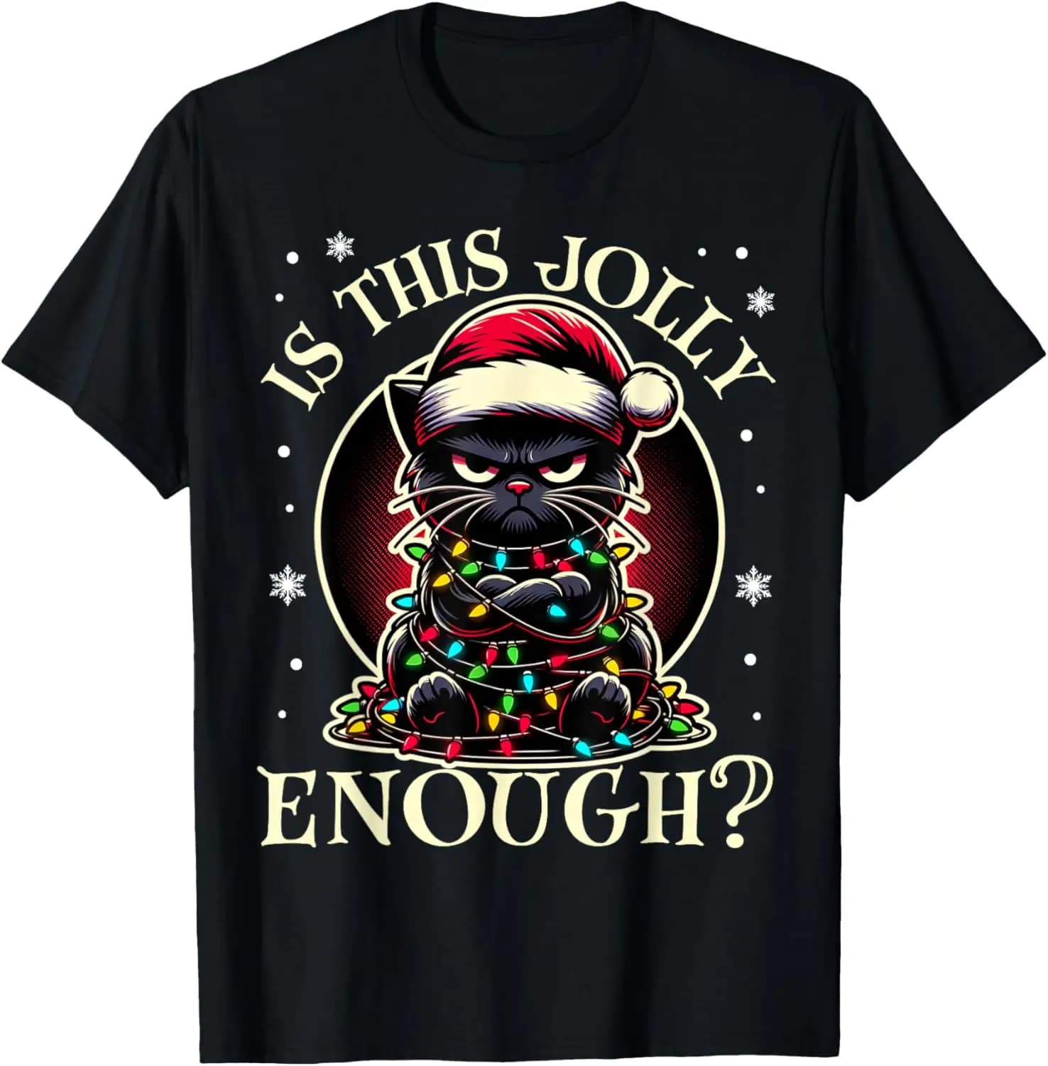 Is This Jolly Enough Funny Black Cat Christmas Tree Lights T-Shirt Creative, Unique Prints, Comfortable, Soft, Breathable, for Pets