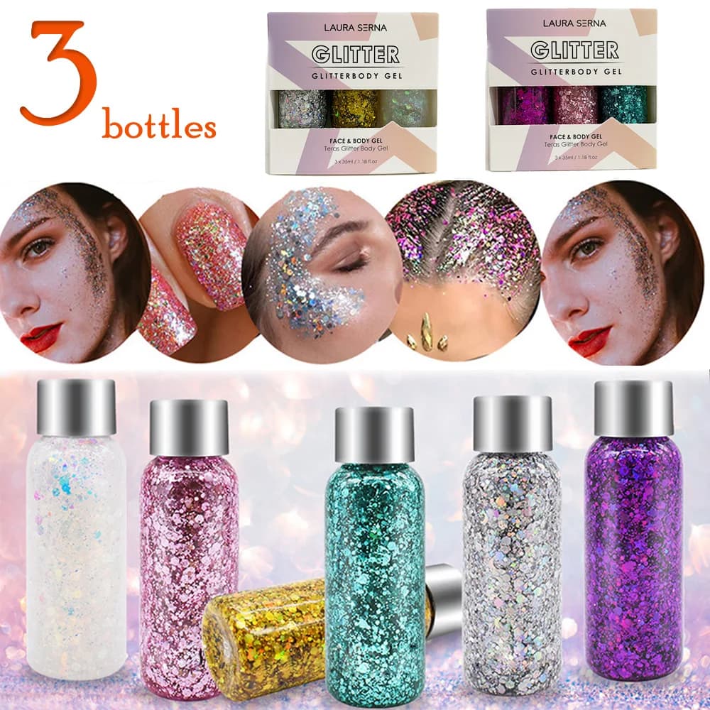 3 bottles of glittery face hair body glitter gel glittering liquid glittering lasting for makeup bar glitter for festival parties