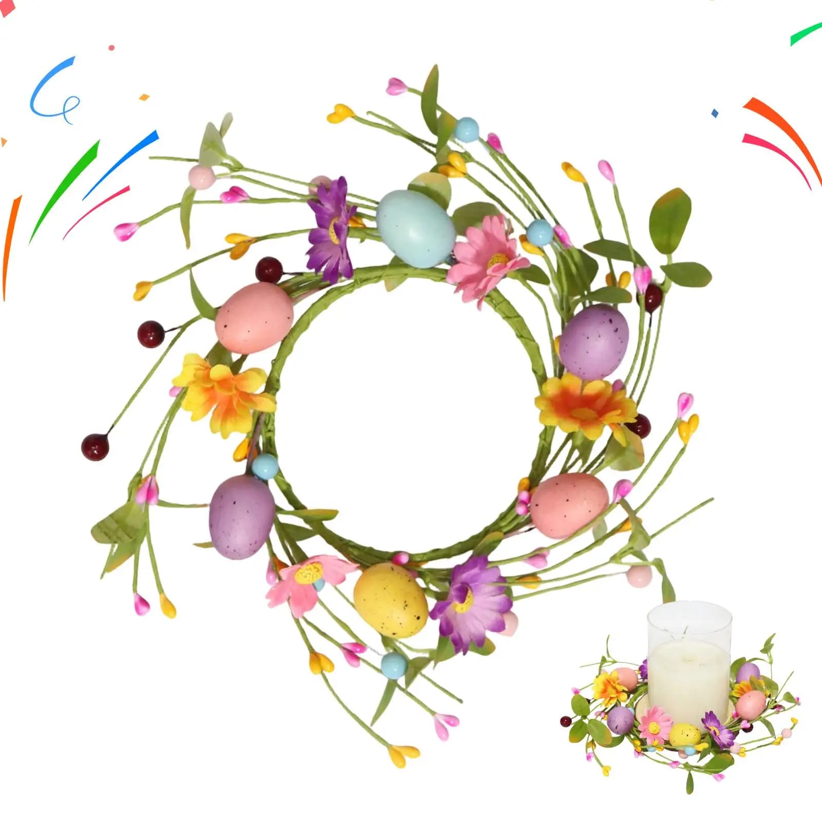 Easter Candle Rings 27cm Egg Floral Holder Garland Artificial Spring Flowers Wreath for Pillar Candle Decor Table Centerpiece