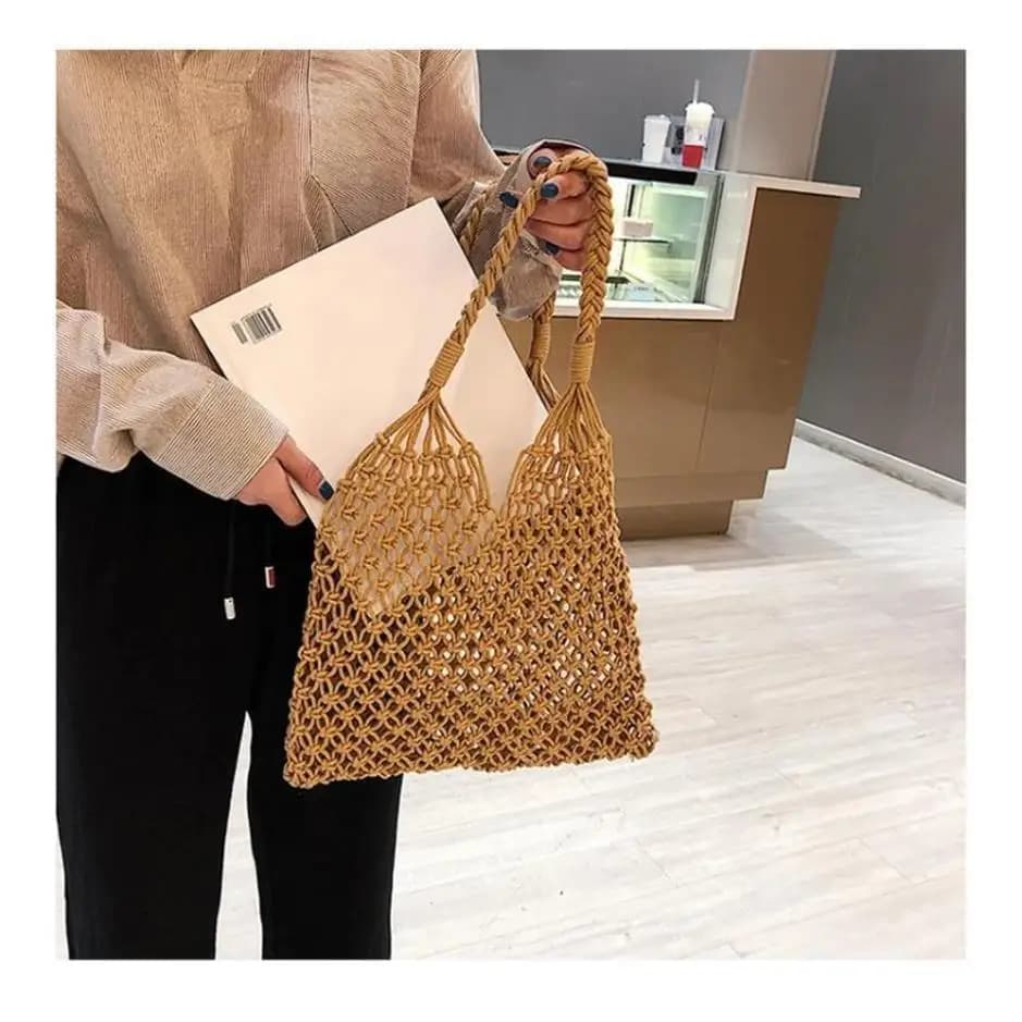 1 Pcs New Hollowed Out Wind Cotton Woven Beach Bag 1Pcs One Shoulder Portable Fishing Net Bag Leisure Vacation Tourism Handbag