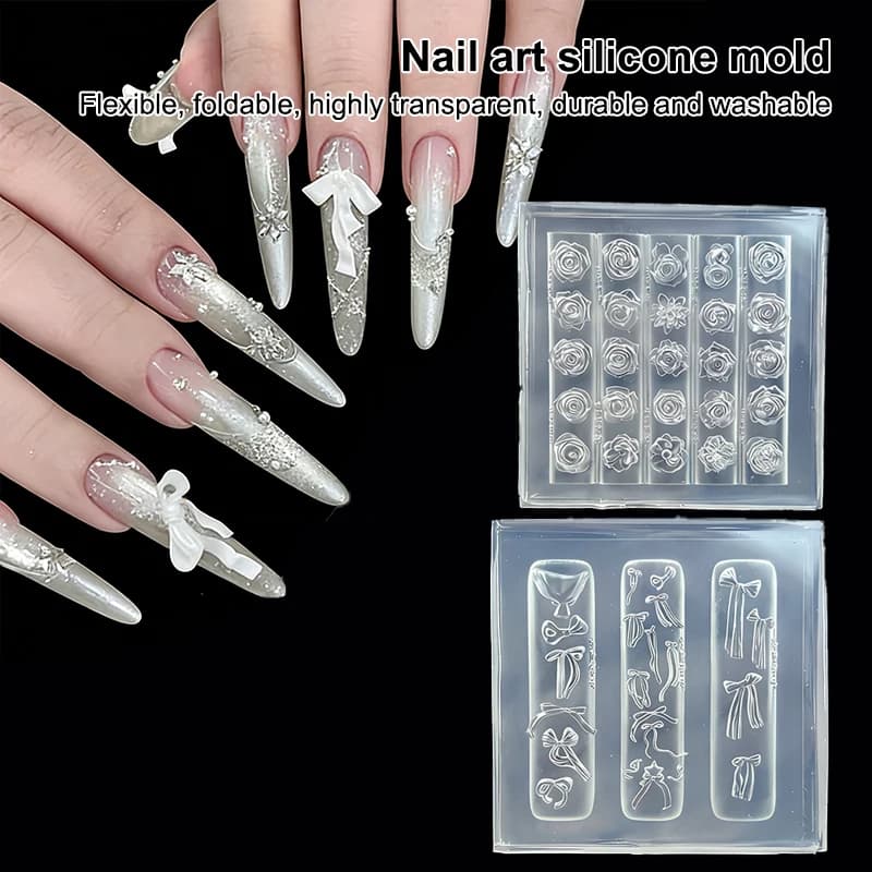 Stampo in Silicone per Nail Art a Forma di Fiocco, Stile Bouquet di Rose, Alta Trasparenza, Decorazioni 3D per Unghie, Charm per Manicure Fai-da-Te