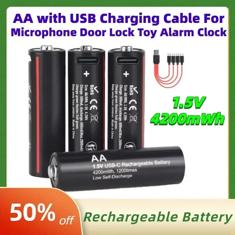 1.5V 4200mWh Lithium Battery AA Rechargeable Batteries with USB Charging Cable for Microphone Door Lock Toy Alarm Clock