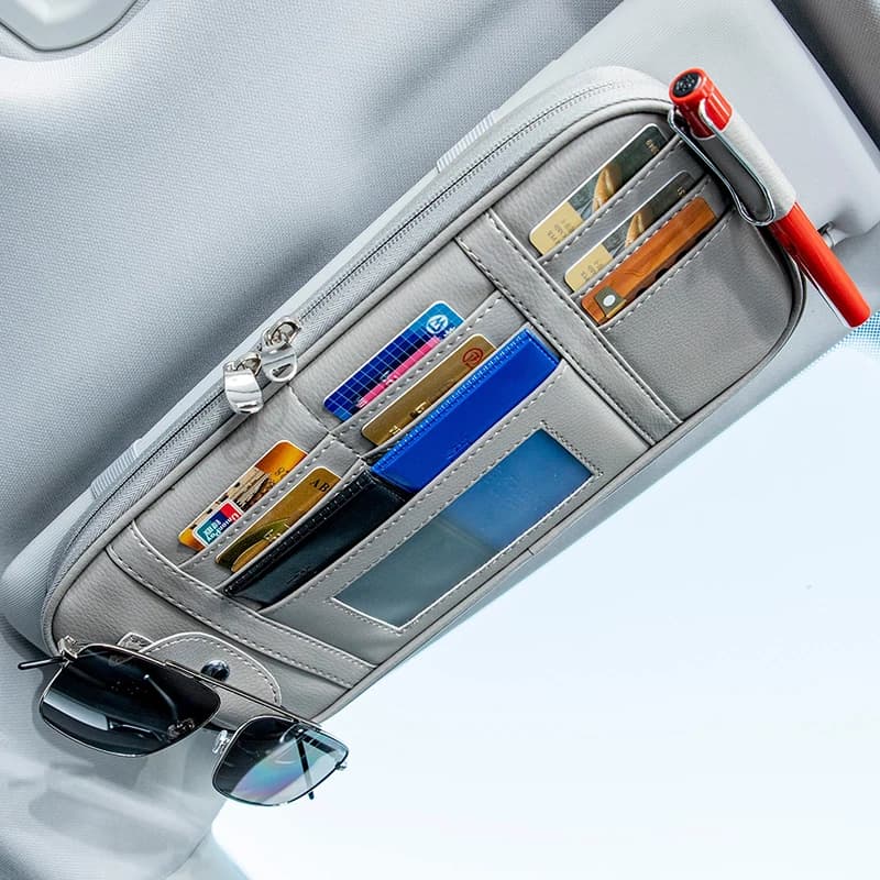 Car Sun Visor Storage Organizer PU Leather Auto Sunshade Pocket with Sunglasses Holder Card Slots Zipper Pocket Pen Clip
