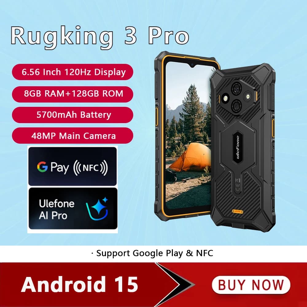 Ulefone RugKing 3 Pro 4G Smartphone robusto Android 15 AI 6,56 pollici 120Hz 8GR AM + 128GB ROM Telefono cellulare 5700mAh 48MP Cellulare NFC