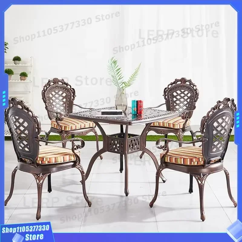 Modern Cast Aluminum Outdoor Dining Table Set 4 Seats Square Backyard Furniture Stackable Chairs with Cushion for Patio