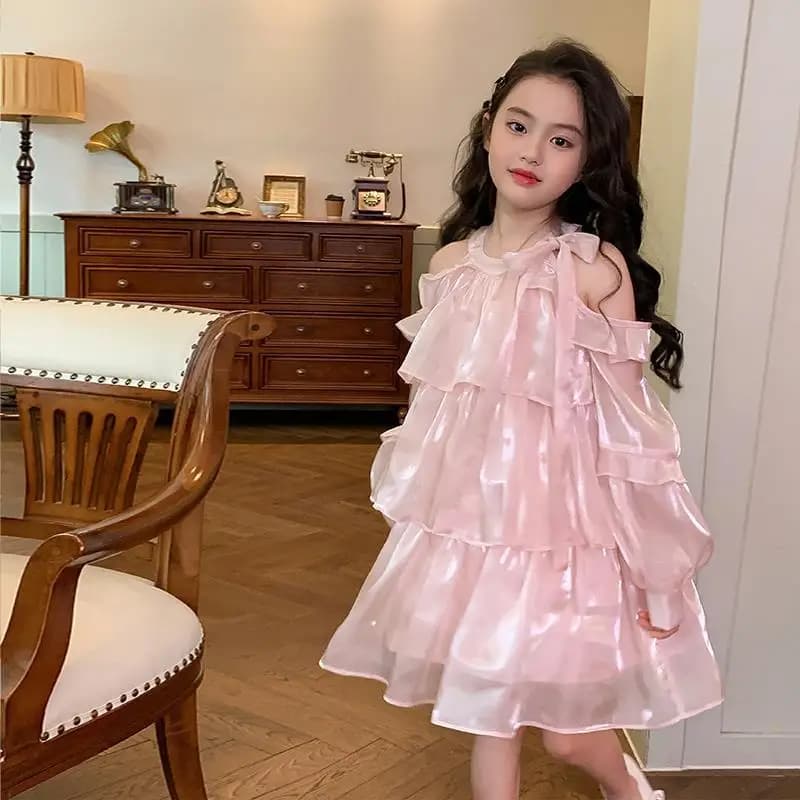 2025 Estate Nuove Ragazze Vestono Rosa con Spalle Scoperte Manica Lunga Halterneck Abito da Principessa per 2-10 Anni Ragazze Adolescenti Grace Fashion Dres