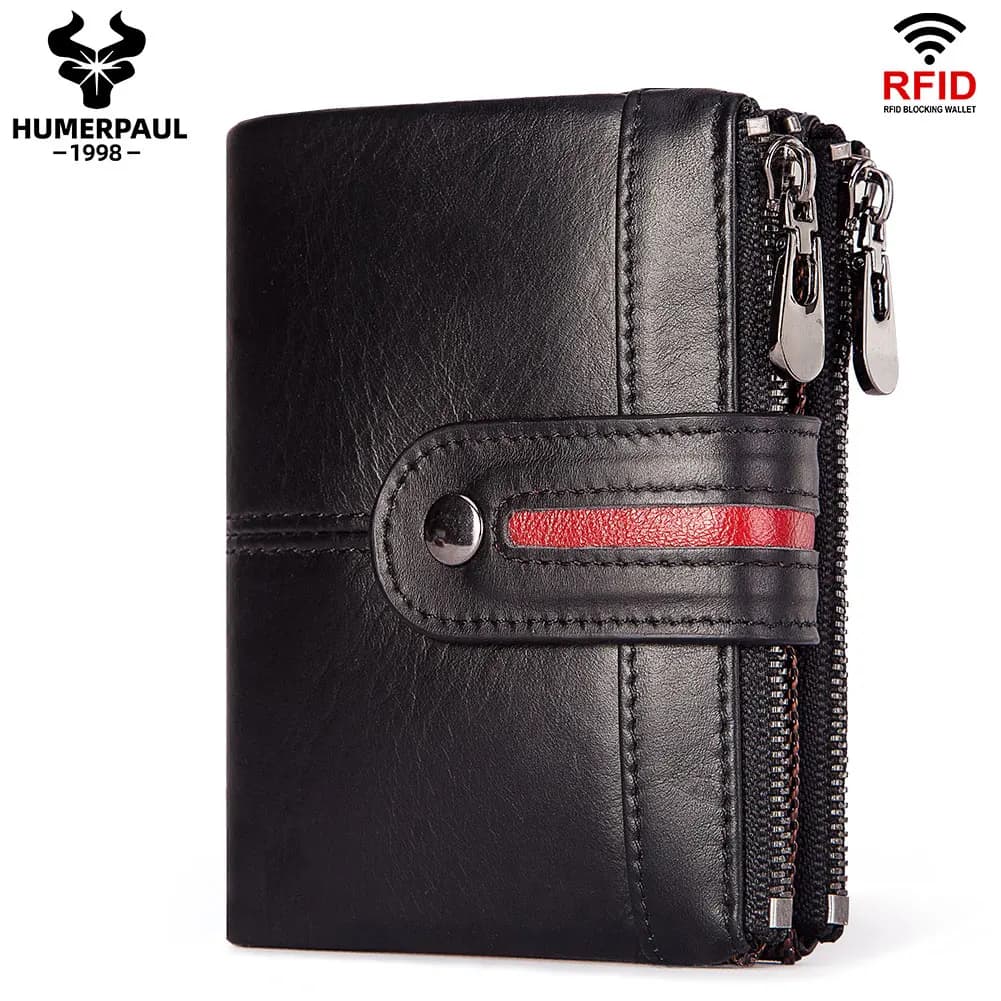 HUMERPAUL 100% portafoglio Casual da uomo in vera pelle porta carte di credito con blocco RFID con tasca portamonete con cerniera pochette corta da uomo