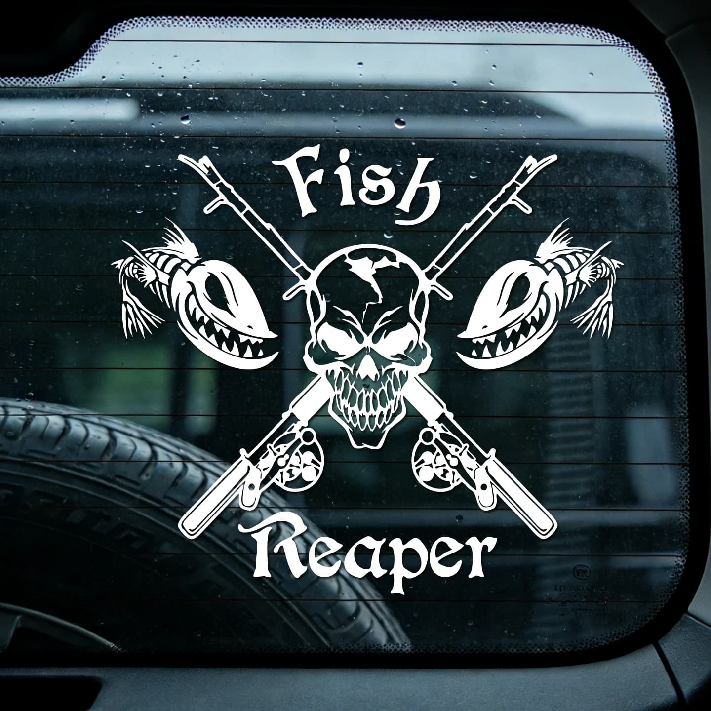 Fish Reaper Skull Crossed Fishing Rods Vinyl Car Sticker Pickup truck SUV door and window decals and waterproof car stickers