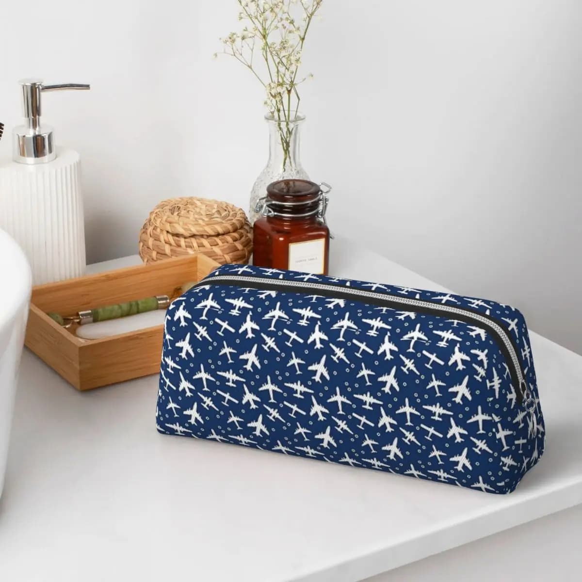Blue And White Aeroplanes Silhouette Pattern Pencil Cases for Student Gifts Pen Box Pencil Bag Pencil Pouch Storage Stationery