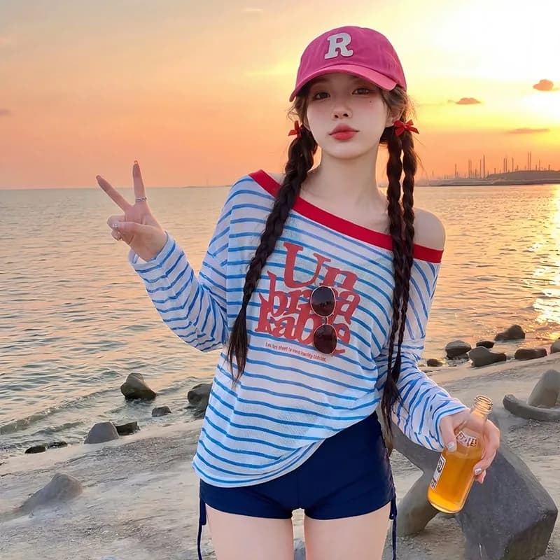 Women's New Three Piece Striped Sexy Swimsuit with Letter Printed Top Transparent Off Shoulder Beach Vacation Swimsuit