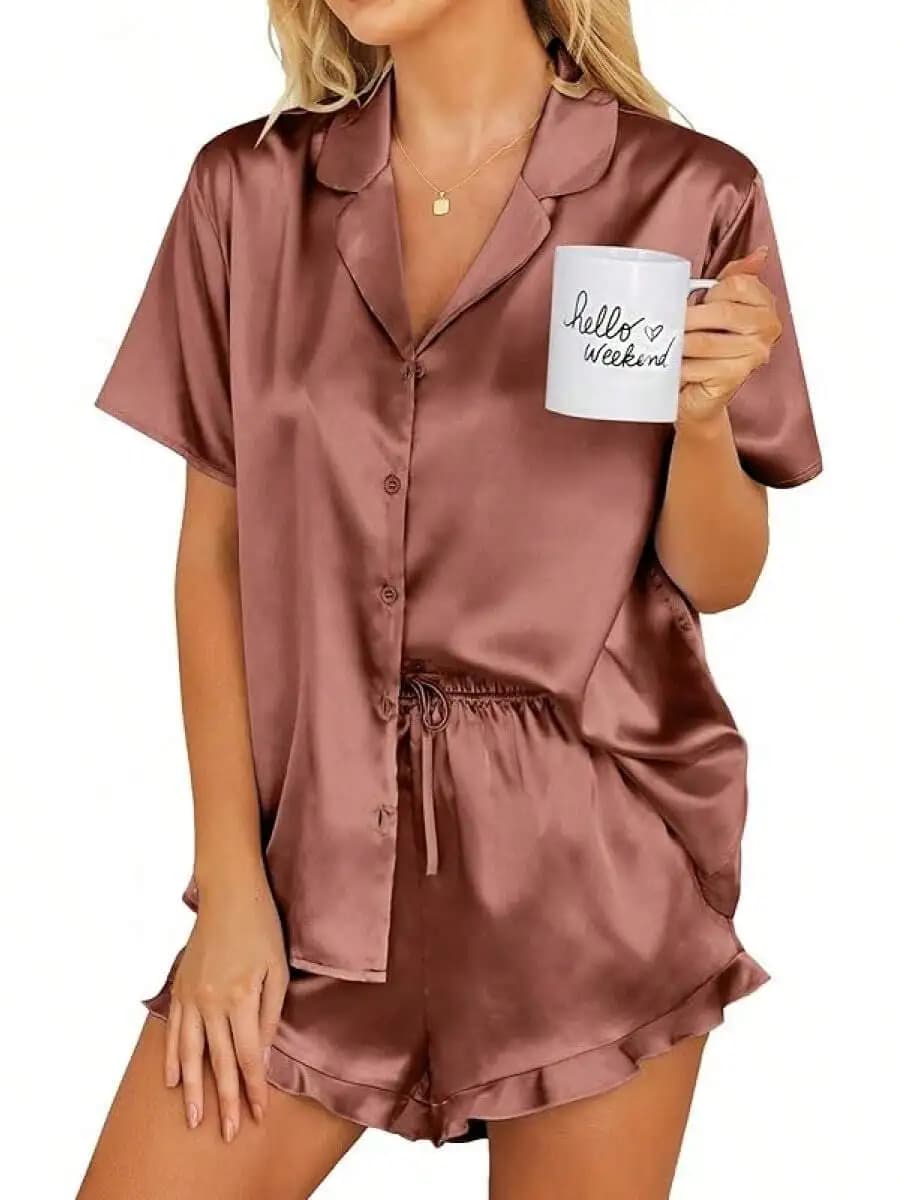 Womens Short Sleeve Satin Pajama Set With Drawstring Waist Comfortable Loungewear
