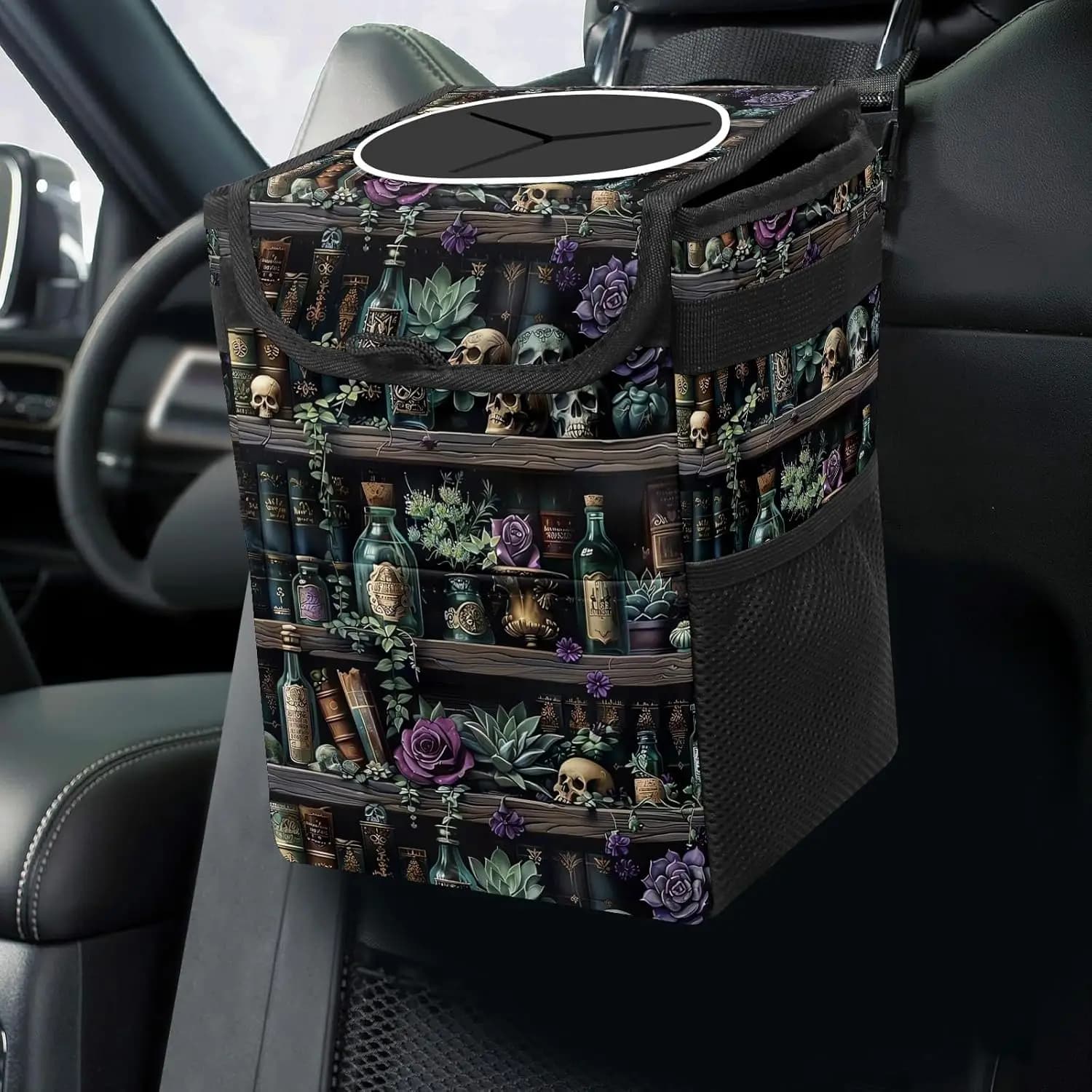 Bidone della spazzatura per auto con teschio gotico con coperchio, sacchetto della spazzatura impermeabile pieghevole per organizer interno auto