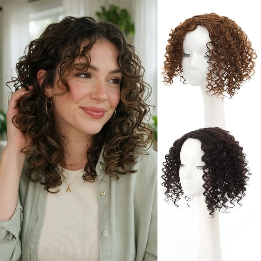 Parrucchino sintetico corto e riccio con clip, per donna, per ricambio capelli, extension ondulata con clip