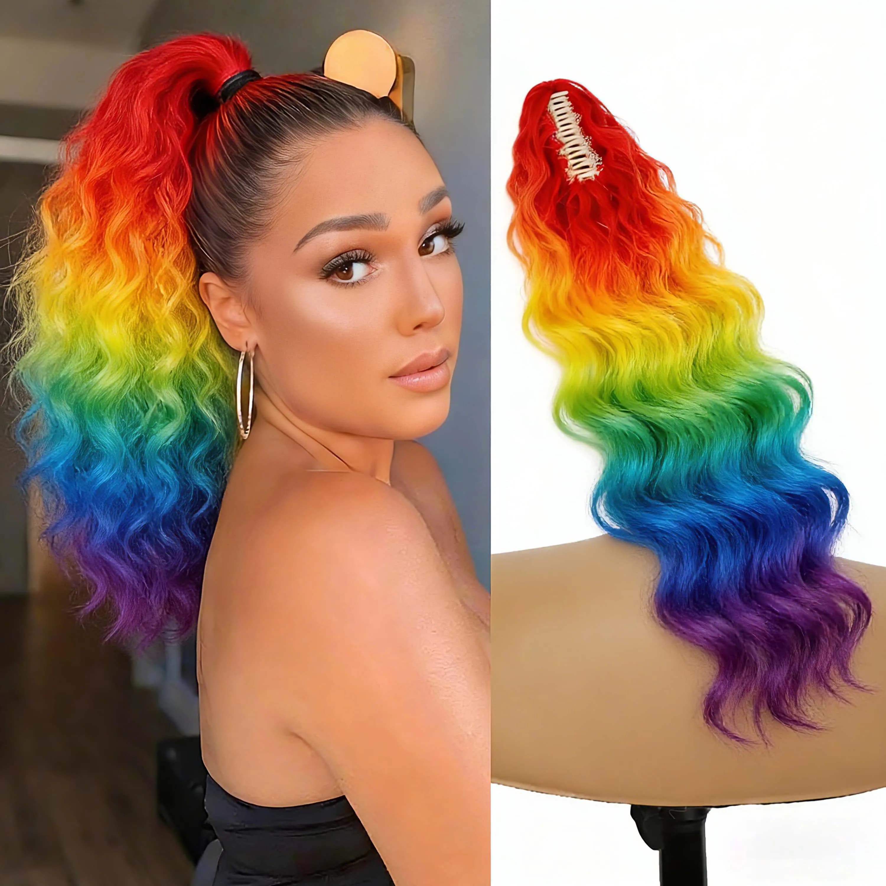 Extension Coda di Cavallo Sintetica Arcobaleno Lunga Ondulata 18-30" Effect Water Wave Natural Curly Voluminous with Clip