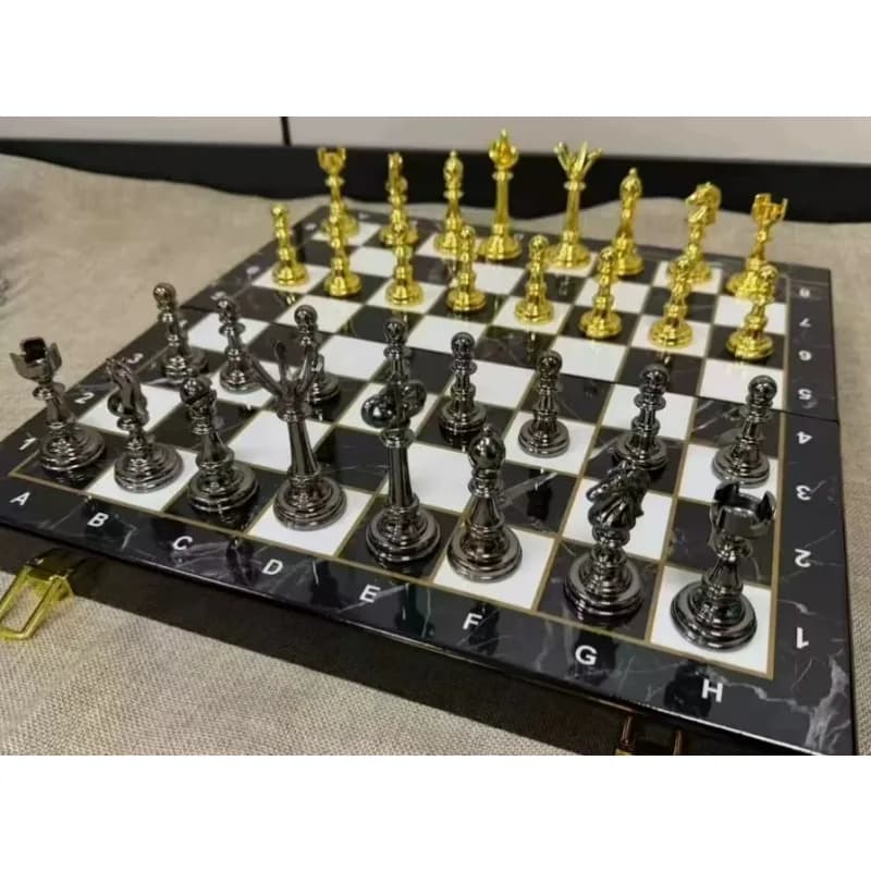 Retro bronze chess ornaments, metal chess sets with folding chessboards, home living room decoration handicrafts