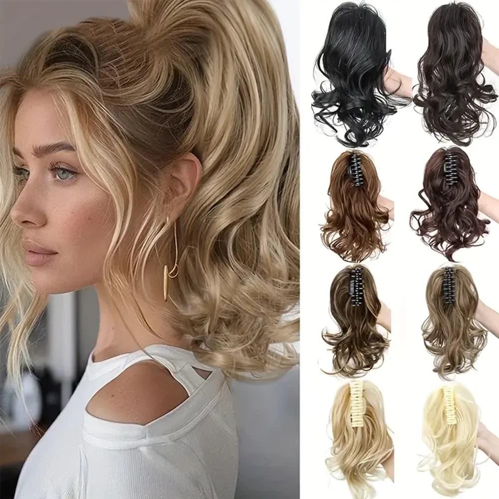 Estensioni dei capelli coda di cavallo con clip per artiglio sintetico da 12 pollici Coda corta riccia naturale Capelli finti Opzioni multicolori per feste di matrimonio
