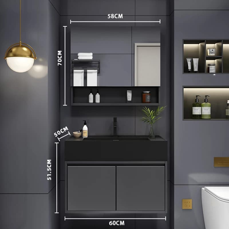 Mobile Bagno di Lusso Leggero Nero con Specchio e Lavabo, Salvaspazio, Arredamento Bagno