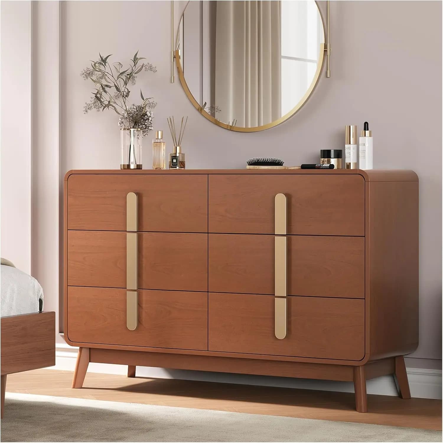 Cassettiera in Legno di Ciliegio per Camera da Letto, Soggiorno e Corridoio: 6 Cassetti, Stile Mid-Century Modern con Maniglie in Metallo
