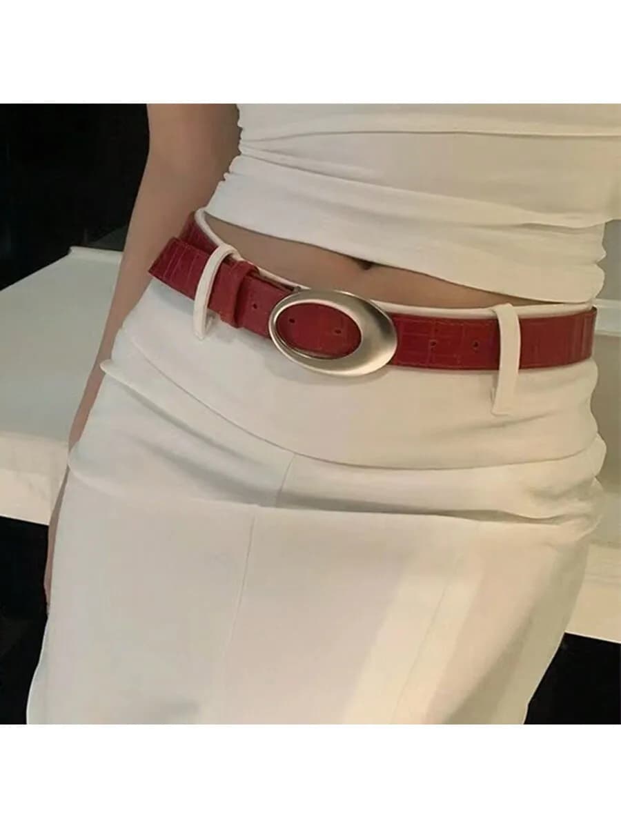American Vintage Y2K Style Women's Belt, 2024 New Red Crocodile Pattern Leather Belt, Simple And High-End Accessory Summer,