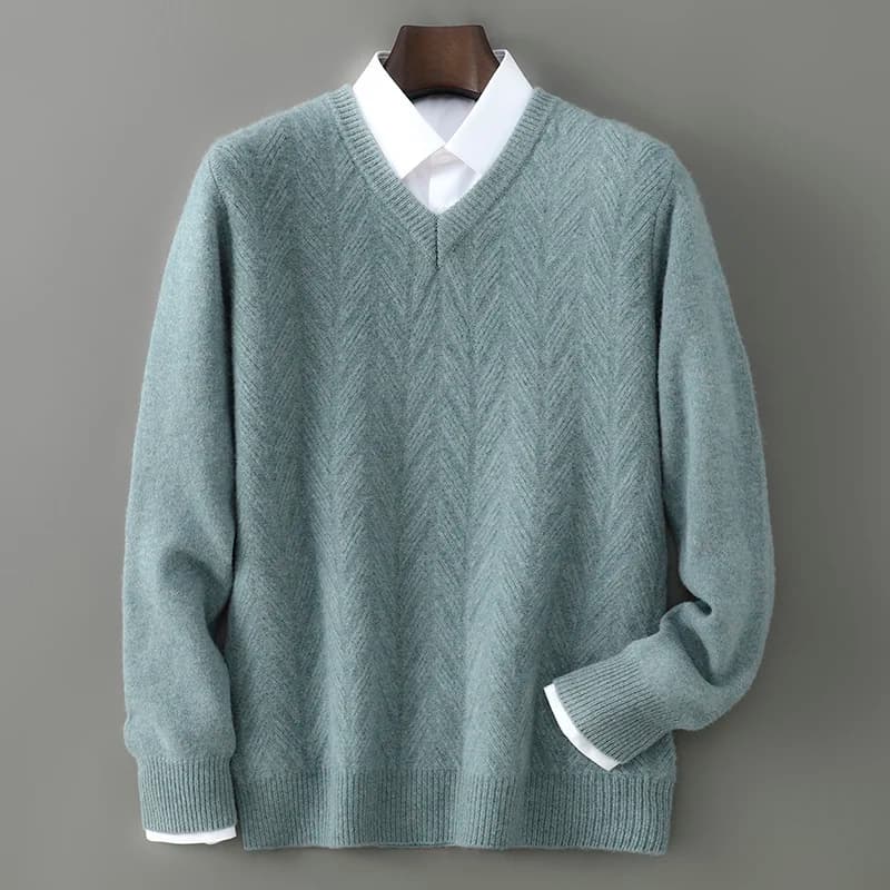 V-Neck Cable Stitch Thick Pullover Men's Autumn Winter 100% Merino Wool Knitwear Casual Clothing Comfortable Soft Warm Sweater