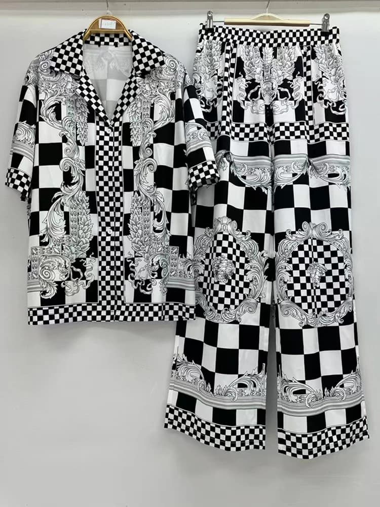 Designer retro geometric print lapel short-sleeved shirt two-piece 2026 summer women's dress+loose wide-leg pants fashion suit