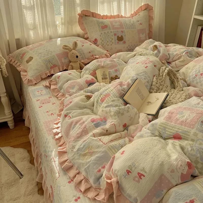 Set Copriletto Trapuntato in Cotone Spesso - Set Biancheria da Letto 3/4 Pezzi in Garza Doppia Strato Cotone-Lino per Tutte le Stagioni