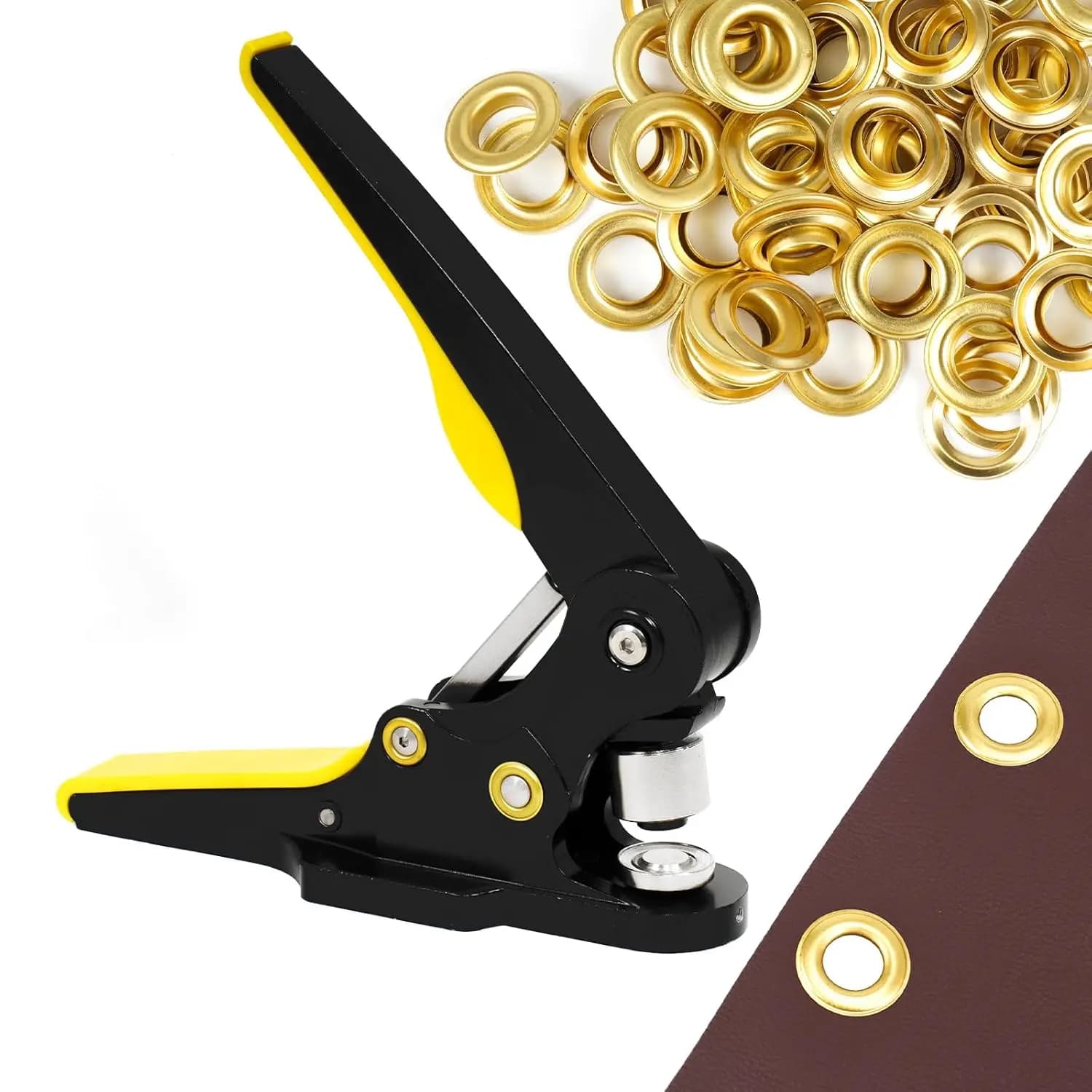 Kit di Attrezzi per Occhielli Rinforzati con Matrice da 3/5 Pollici e 80 Occhielli in Ottone Dorato per Teloni, Pelle, Tessuti e Tende