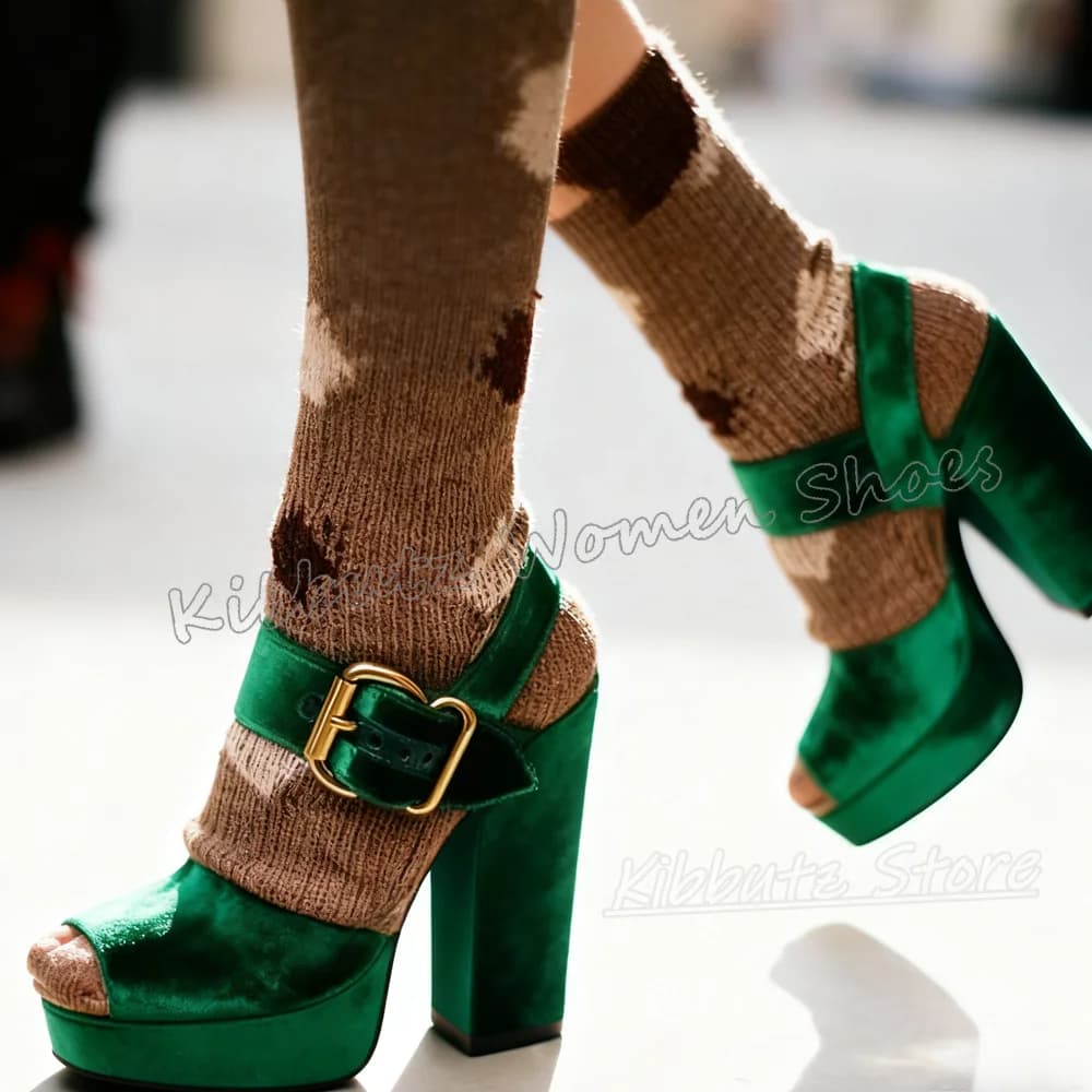Velvet Platform Sandals Belt Buckle Round Toe Chunky Heels Solid Color Fashion Luxury Elegant Concise Sexy Spicy Girl Shoes New