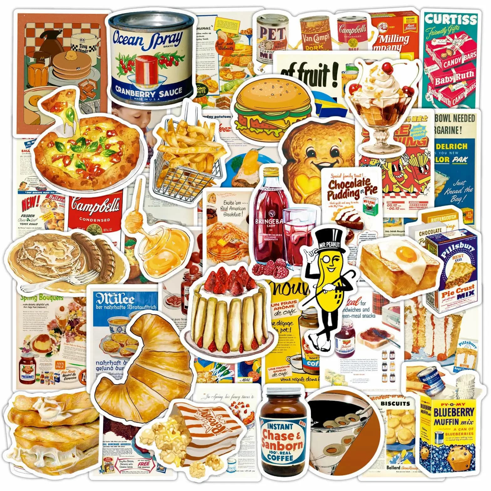 50 Pezzi Adesivi Stile Retrò con Motivi Alimentari, Poster DIY per Telefono, Laptop, Valigie, Skateboard, Graffiti, Divertenti per Regali ai Bambini