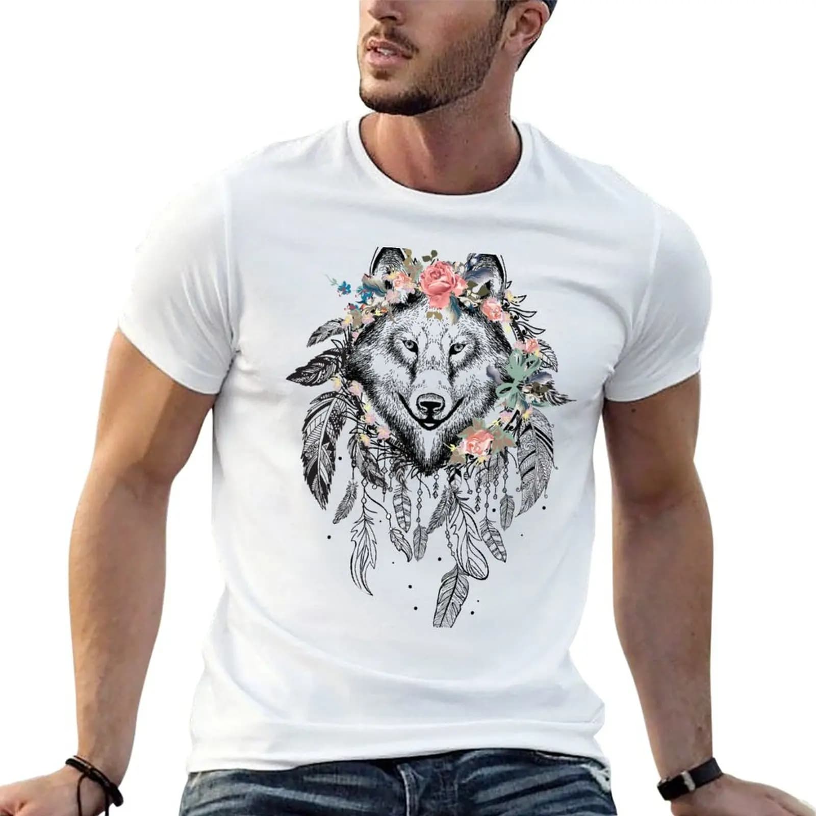 Wolf Dreamcatcher with flower T-Shirt man t shirt luxury funny t shirts man t shirt custom print T-shirt